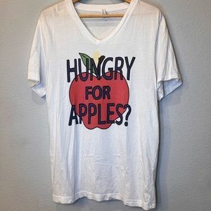 White V-neck T-shirt with hungry for apples logo